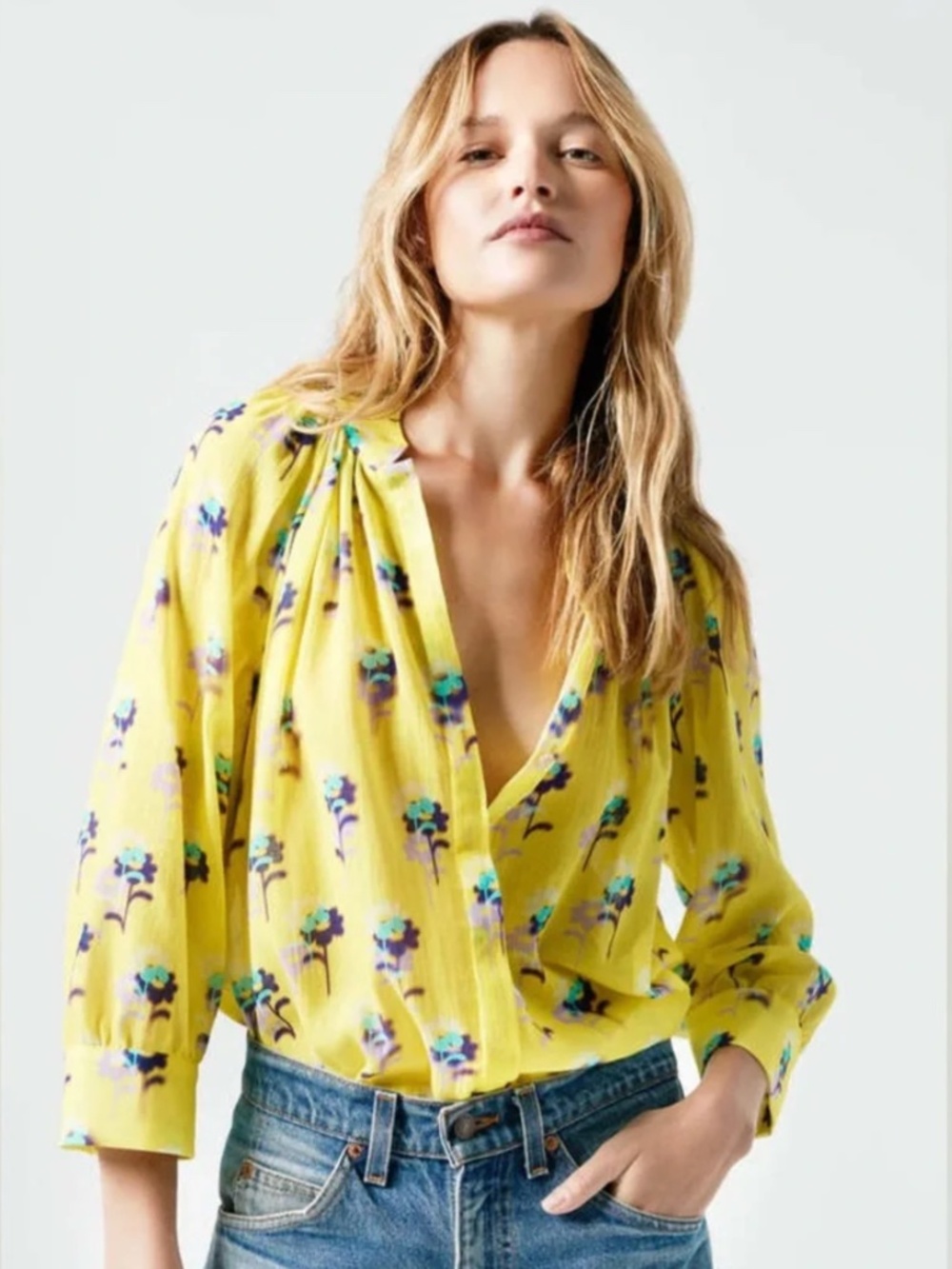 SMYTHE GATHERED BLOUSE - LEMON FLORAL size XS